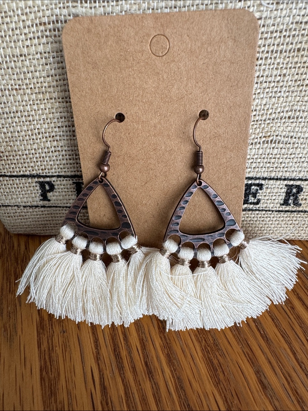 Plunder Cream Tassel Drop Earrings with Copper-Tone Triangles
